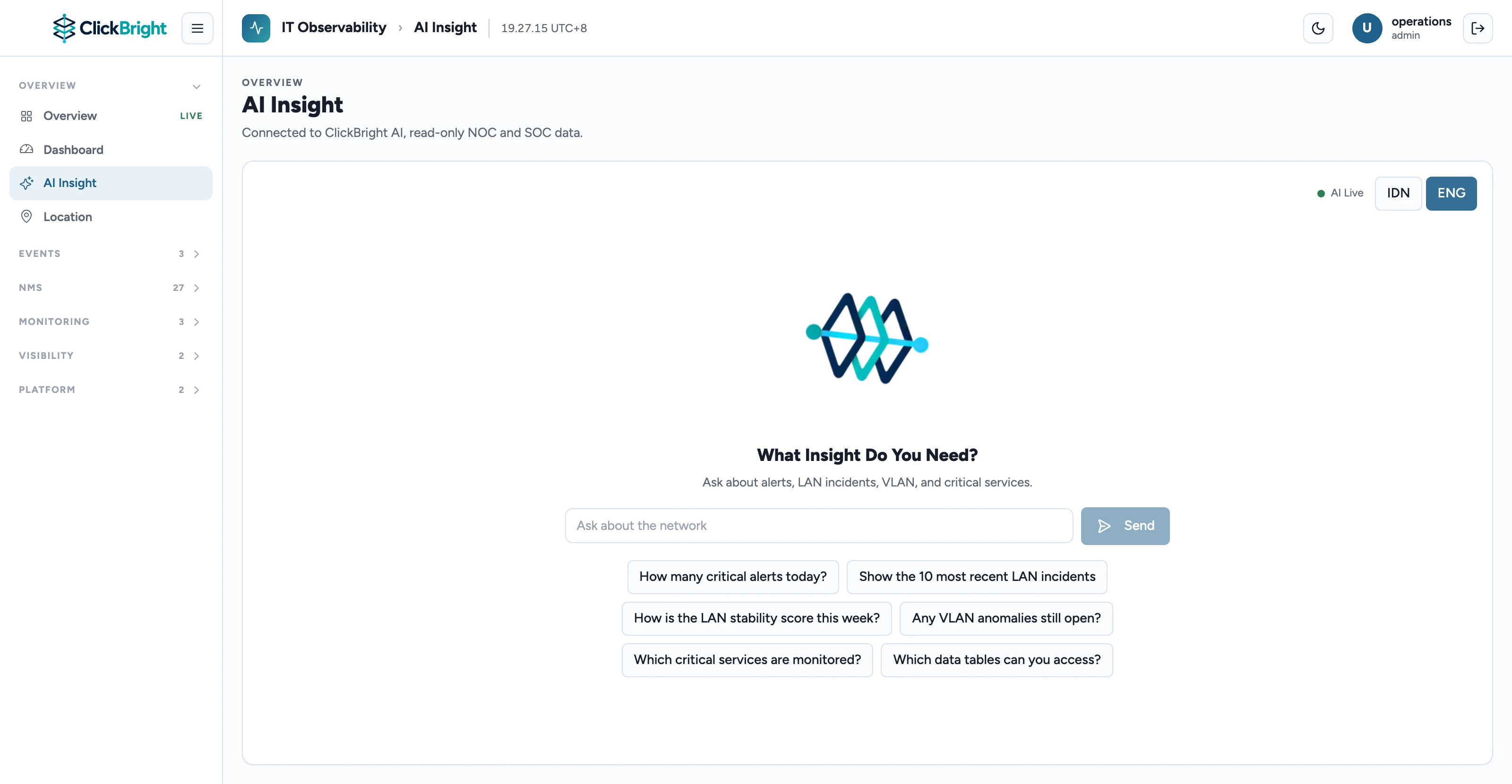 AI Insight page with a question box and suggested questions about alerts and VLANs.